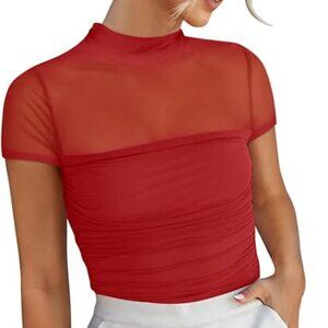 Red Mesh Mock Neck Short Sleeve Top